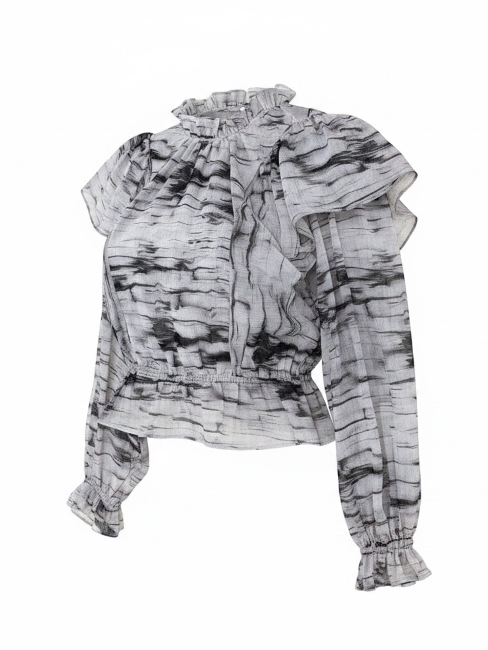 Ruffled High-Neck Printed Blouse - Black & White